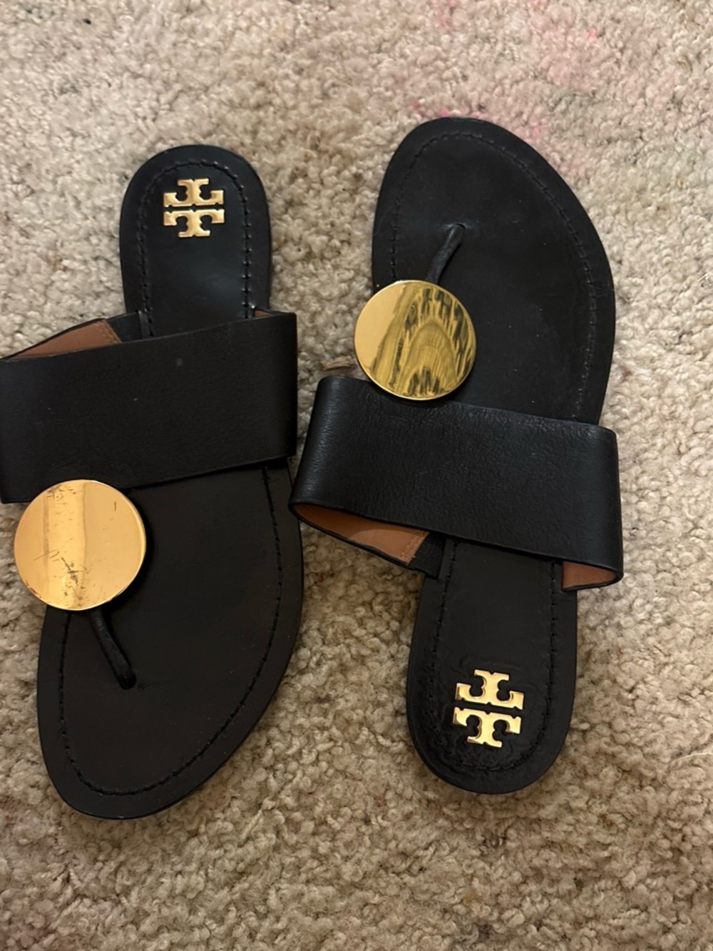Tory Burch Black Leather Sandals with Gold Medallions